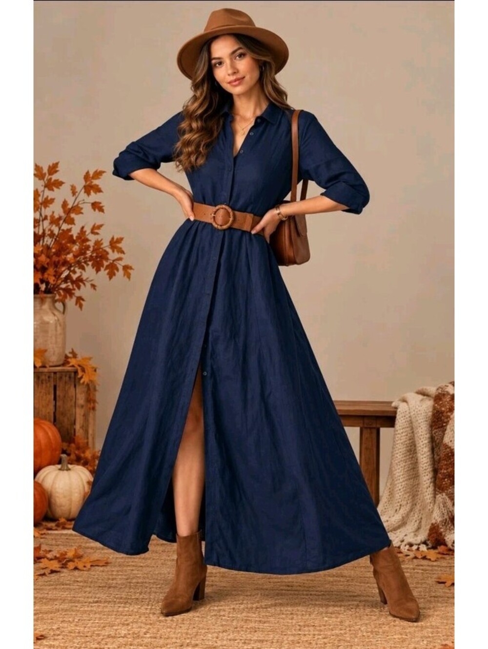 Boston Proper Peyton Linen Navy Sz M ShirtDress Belted 3/4 sleeve Buttons Up #C